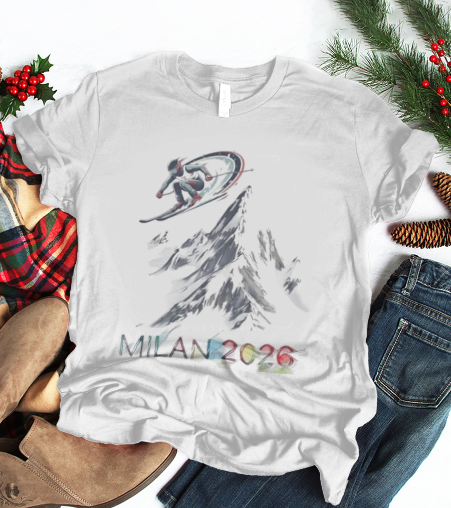 Milan 2026 Winter Olympic Ski And Snowboard Event With Colorful Rings T-Shirt