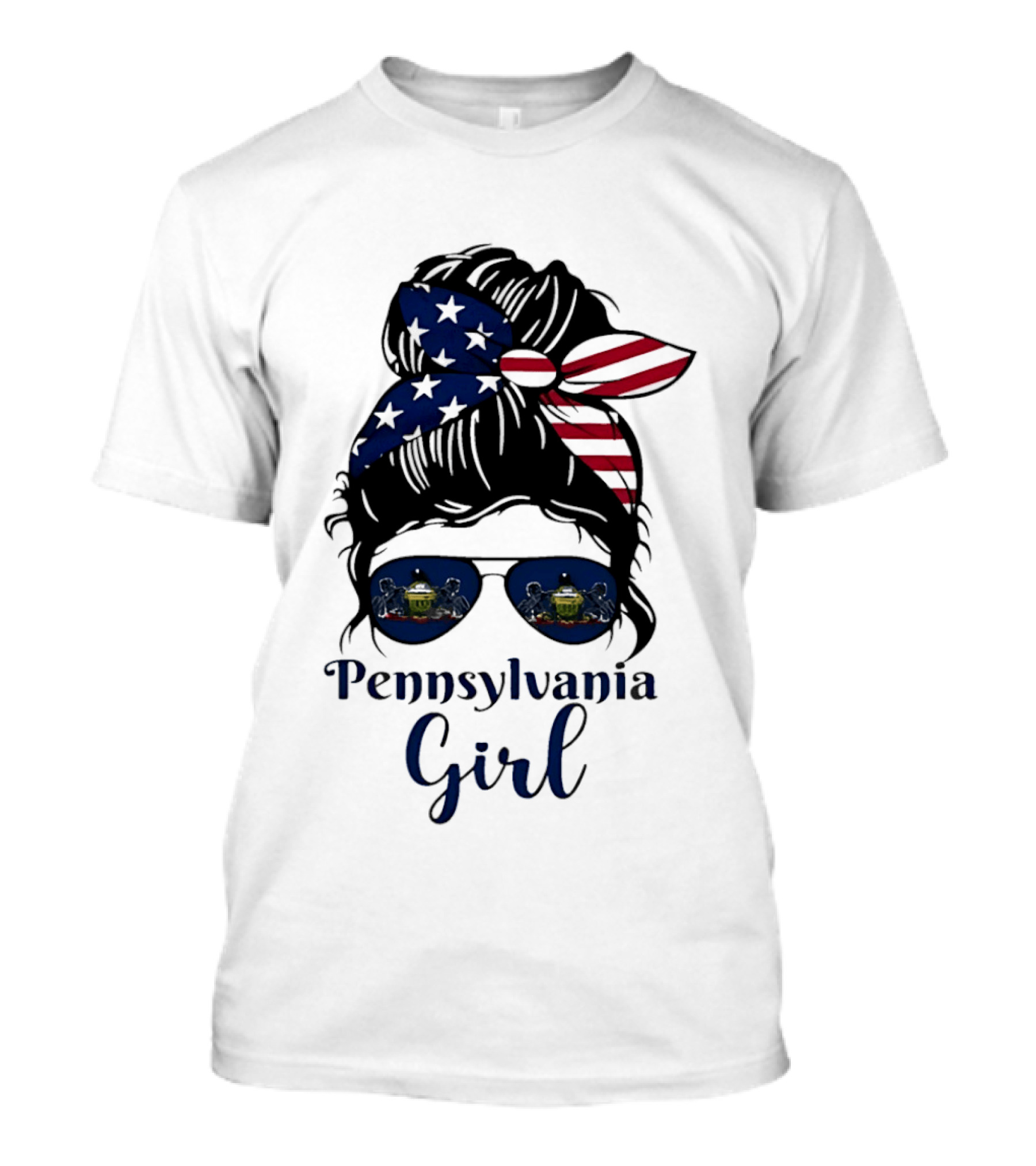 Pennsylvania Girl Messy Bun American Flag Bandana Sunglasses T-Shirt