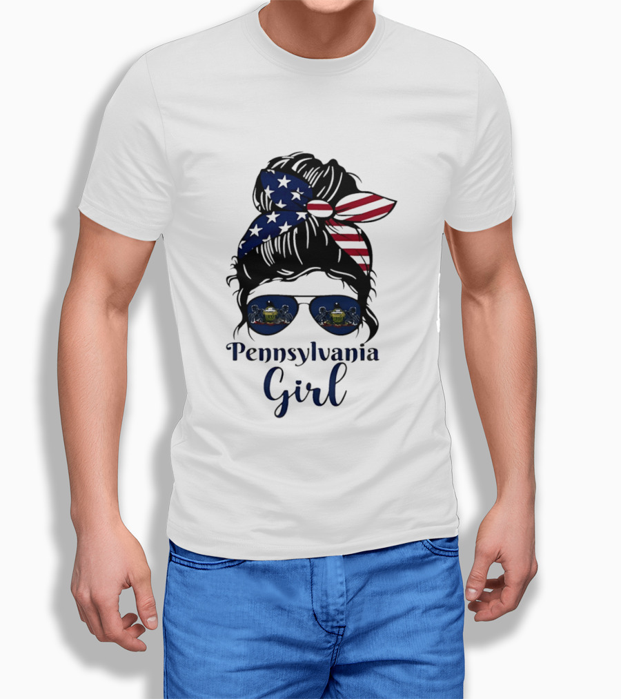 Pennsylvania Girl Messy Bun American Flag Bandana Sunglasses T-Shirt