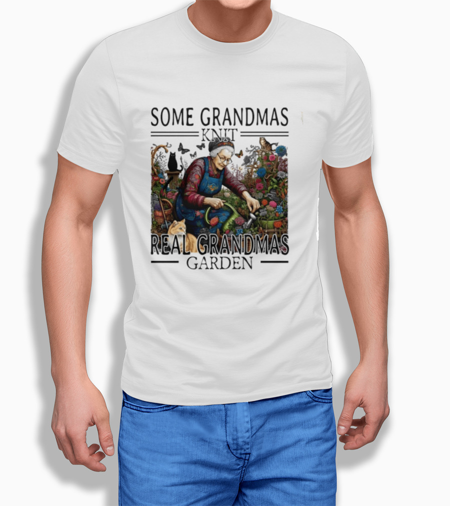 Some Grandmas Knit Real Grandmas Garden Flowers Roses Watering Can Cat T-Shirt