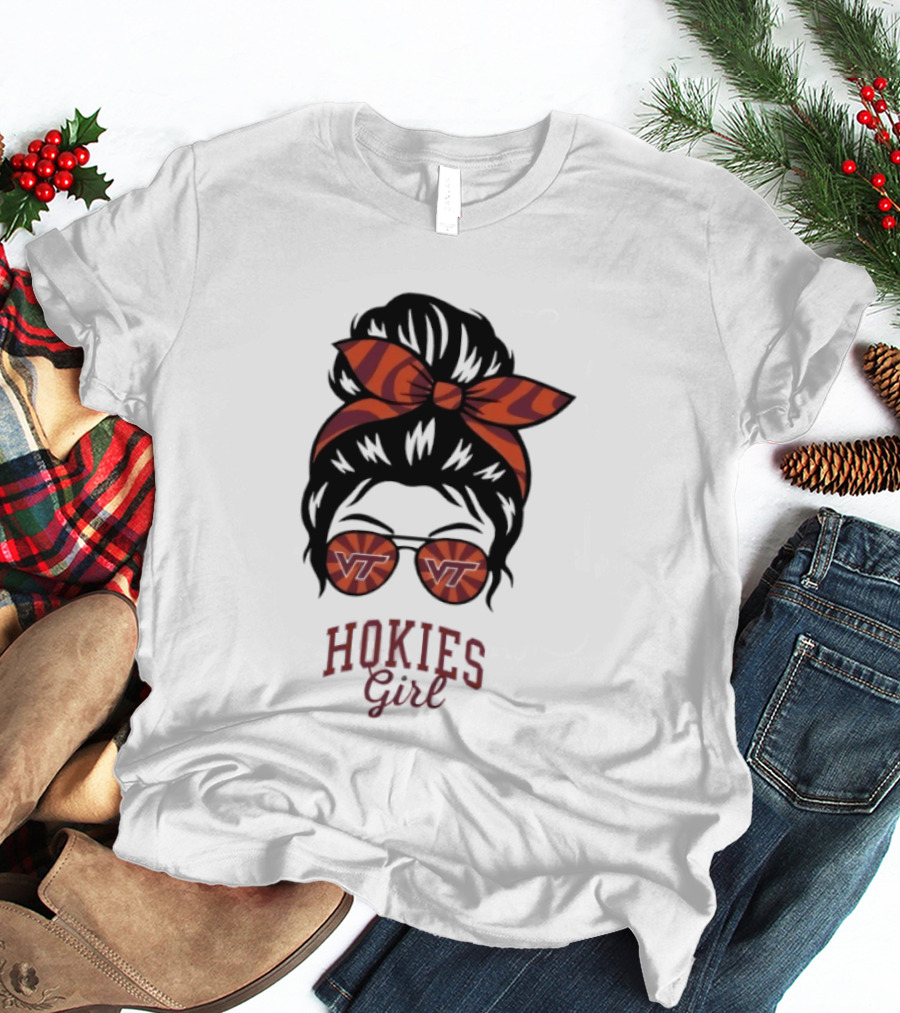 Virginia Tech Hokies Messy Bun Sunglasses Bow T-Shirt