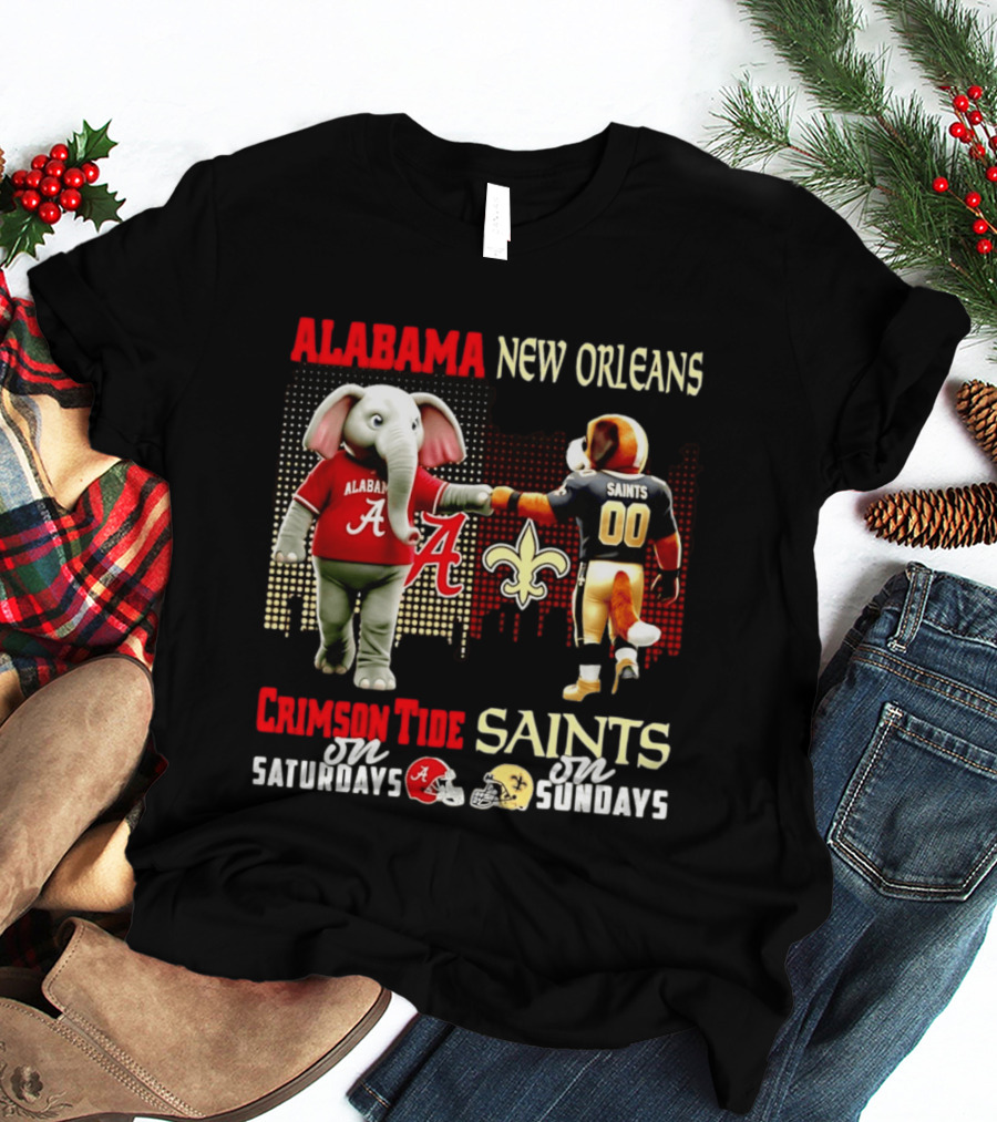Alabama Crimson Tide Saturdays New Orleans Saints Sundays Skyline T-Shirt