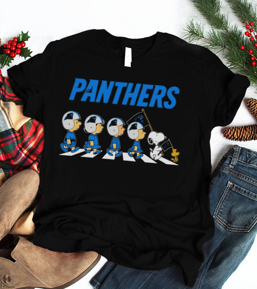 Peanuts Carolina Panthers Football Characters Walking With Flag T-Shirt
