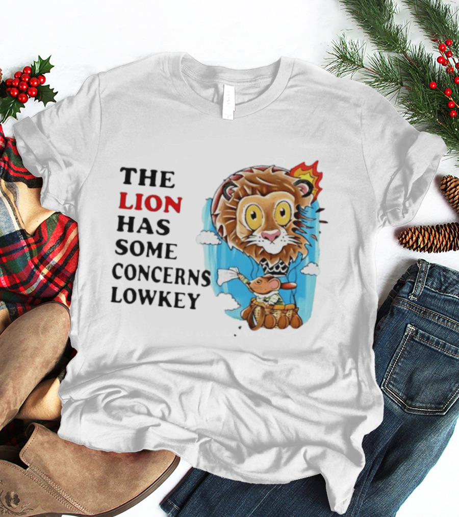 The Lion Has Some Concerns Lowkey Fire Cartoon Lion And Mouse Hot Air Balloon T-Shirt