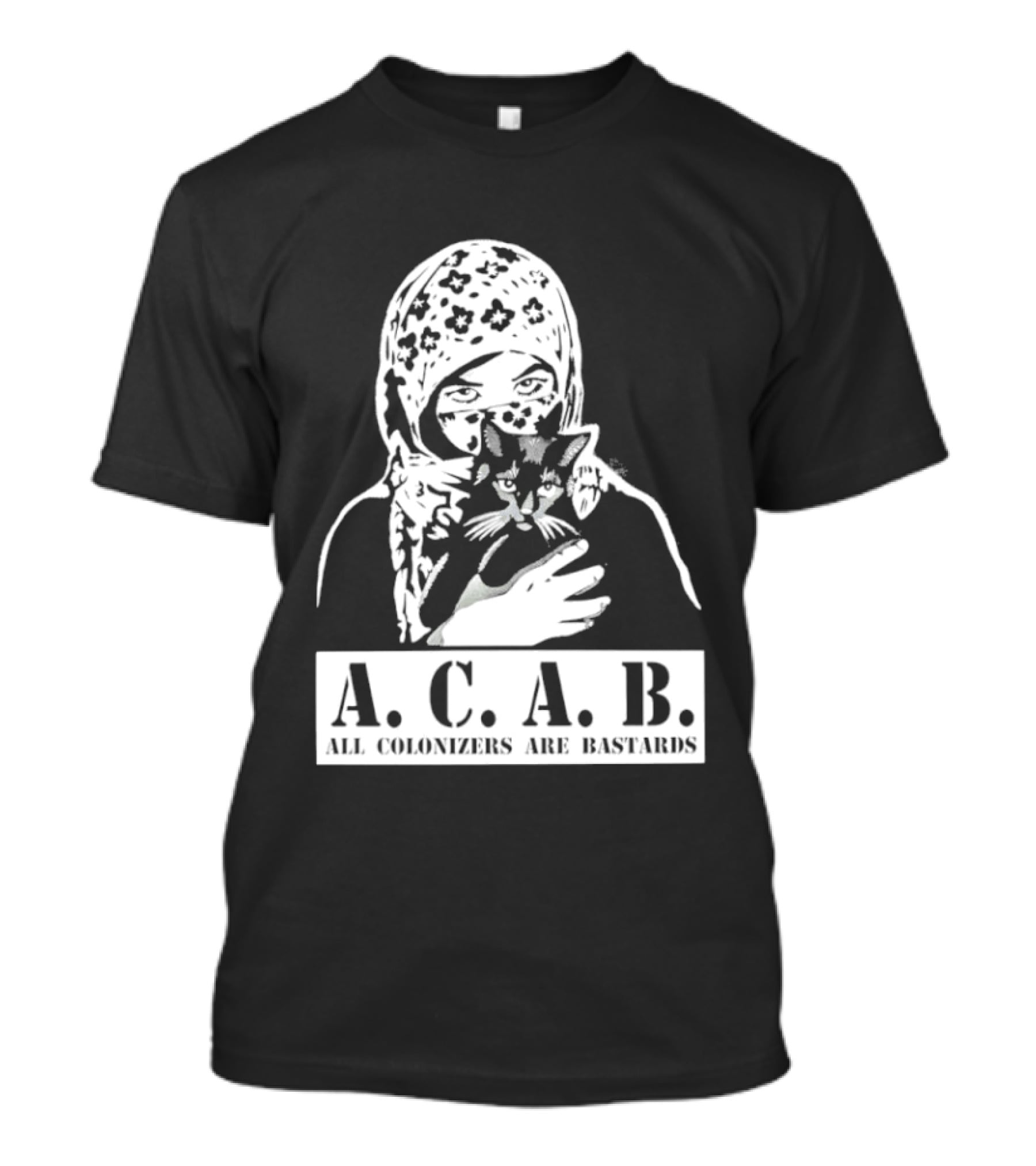 A.C.A.B. All Colonizers Are Bastards Protest Image With Floral Hijab Woman And Cat T-Shirt
