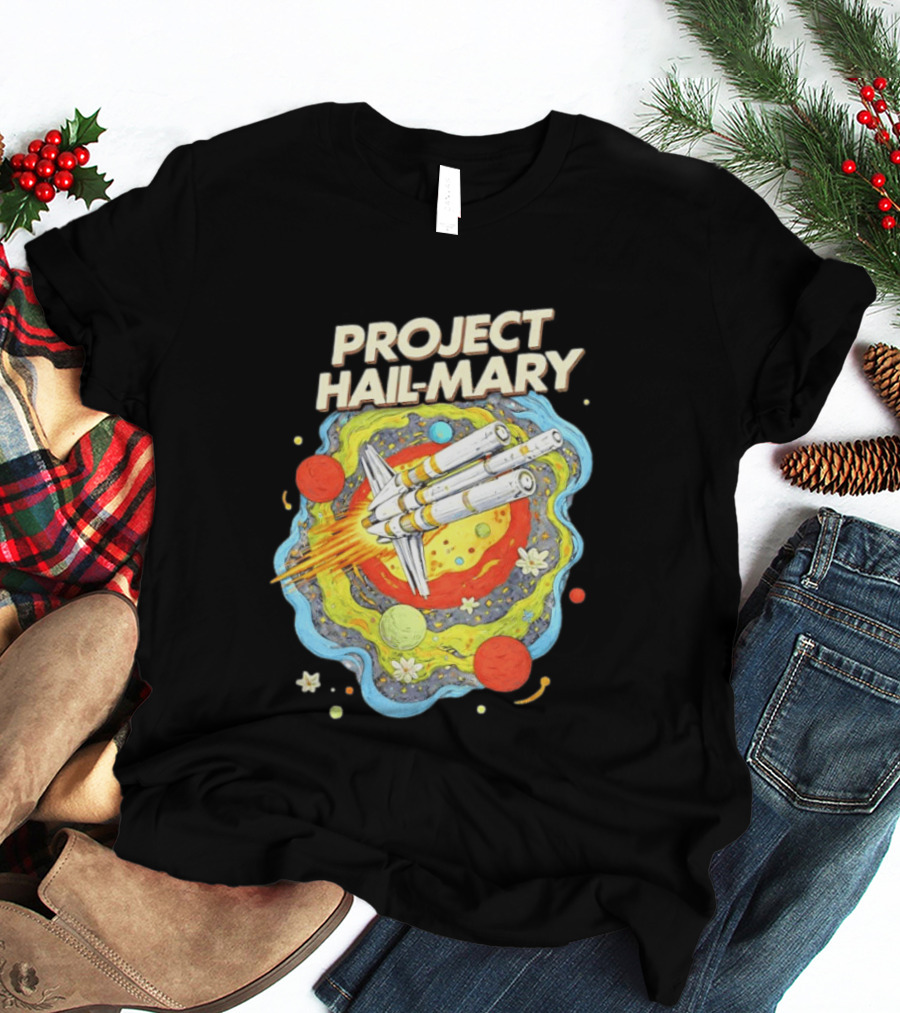 Project Hail Mary Rocket Launching Through Colorful Space Planets T-Shirt