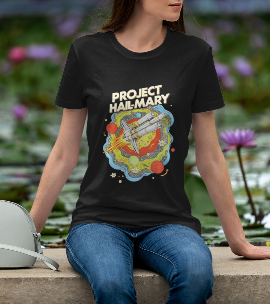 Project Hail Mary Rocket Launching Through Colorful Space Planets T-Shirt