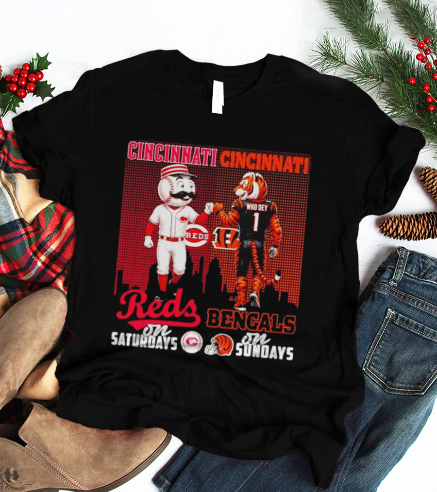 Cincinnati Reds Saturdays Vs Bengals Sundays City Mascots Skyline T-Shirt