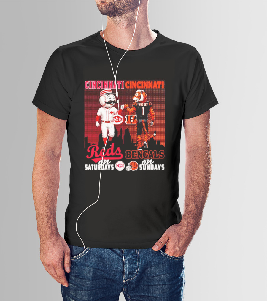 Cincinnati Reds Saturdays Vs Bengals Sundays City Mascots Skyline T-Shirt