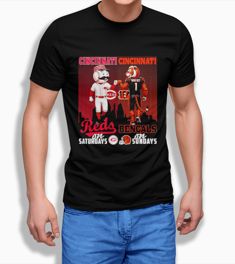 Cincinnati Reds Saturdays Vs Bengals Sundays City Mascots Skyline T-Shirt