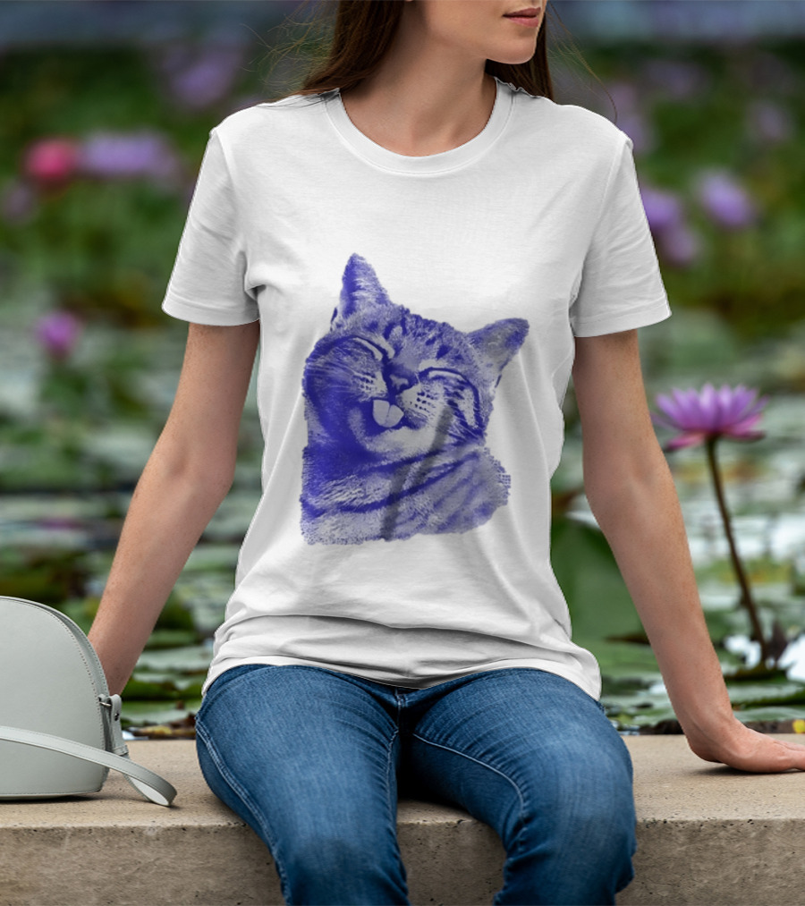Playful Cat Sticking Out Tongue In Blue Tint T-Shirt