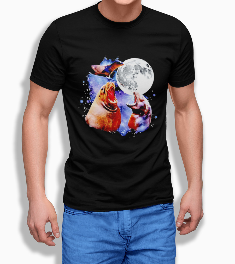 Sea Lion Trio Howling At The Moon In Outer Space Scene T-Shirt