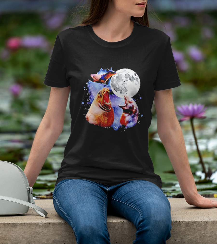 Sea Lion Trio Howling At The Moon In Outer Space Scene T-Shirt