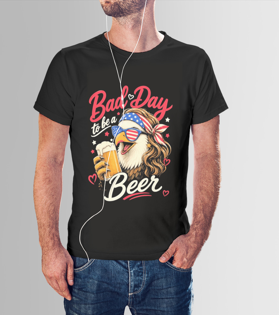 Bad Day To Be A Beer Patriotic Bald Eagle With American Flag Bandana And Heart Accents T-Shirt