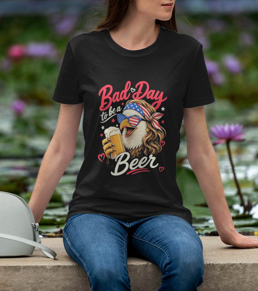 Bad Day To Be A Beer Patriotic Bald Eagle With American Flag Bandana And Heart Accents T-Shirt