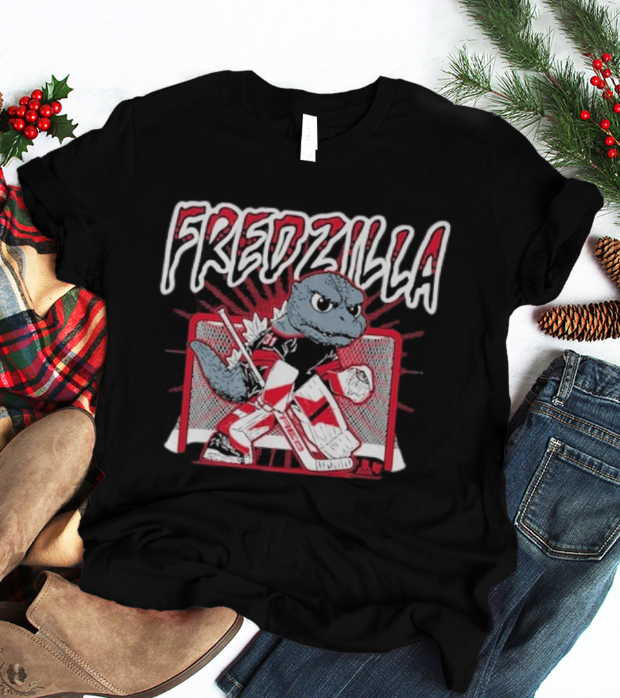 FredZilla Hockey Goalie Monster Art With Equipment And Net T-Shirt