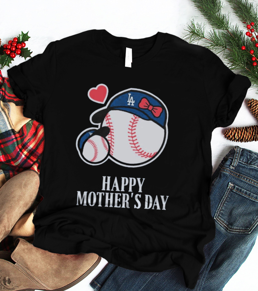 Happy Mother's Day 2026 LA Baseball Red Bow Heart T-Shirt
