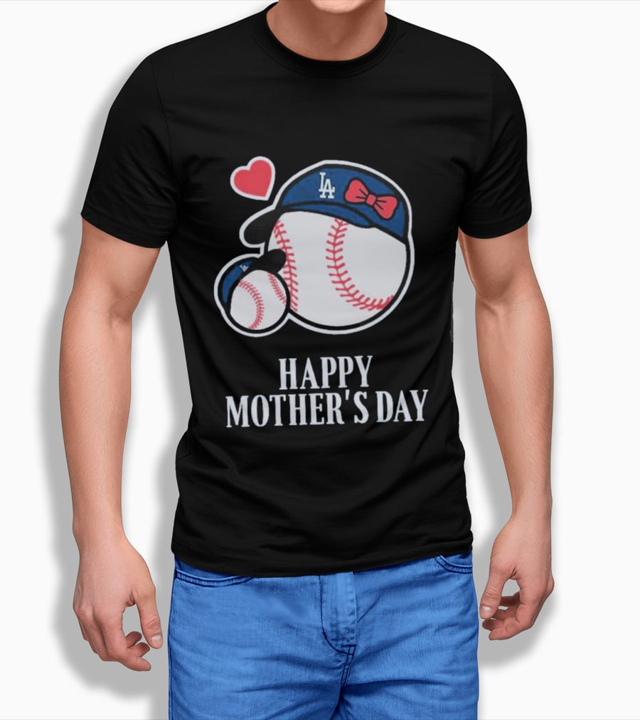 Happy Mother's Day 2026 LA Baseball Red Bow Heart T-Shirt
