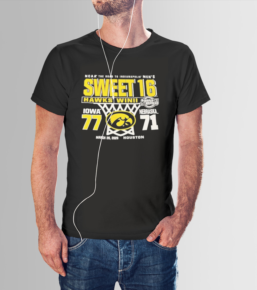 NCAA March Madness The Road To Indianapolis Men's Sweet 16 Hawks Win Iowa 77 Nebraska 71 March 25 1989 Houston T-Shirt