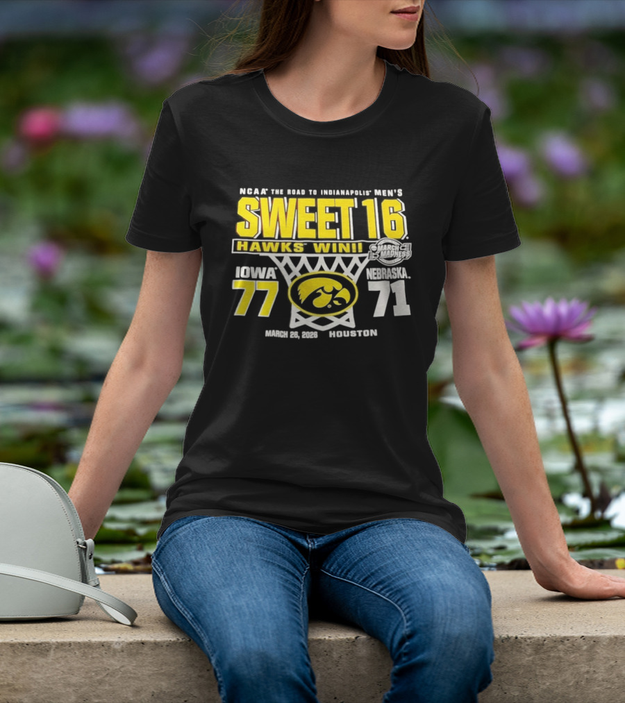 NCAA March Madness The Road To Indianapolis Men's Sweet 16 Hawks Win Iowa 77 Nebraska 71 March 25 1989 Houston T-Shirt
