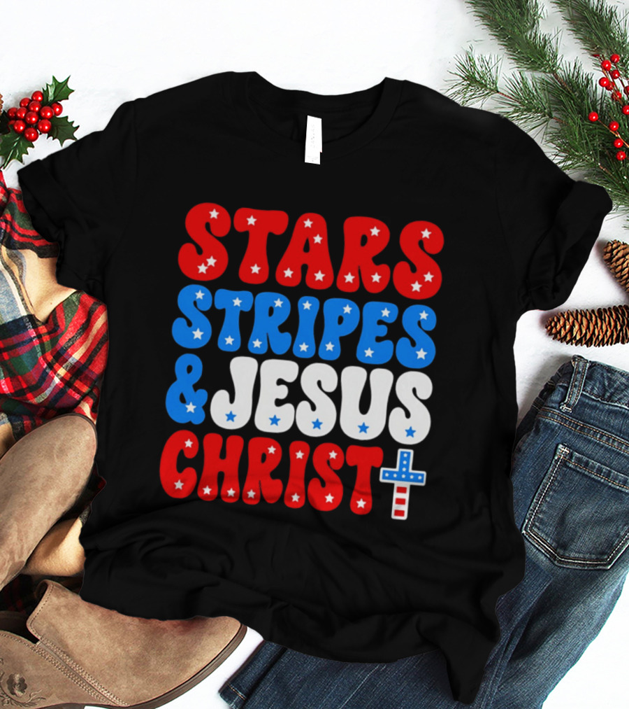 Patriotic Stars Stripes Jesus Christ Christian Faith Cross T-Shirt