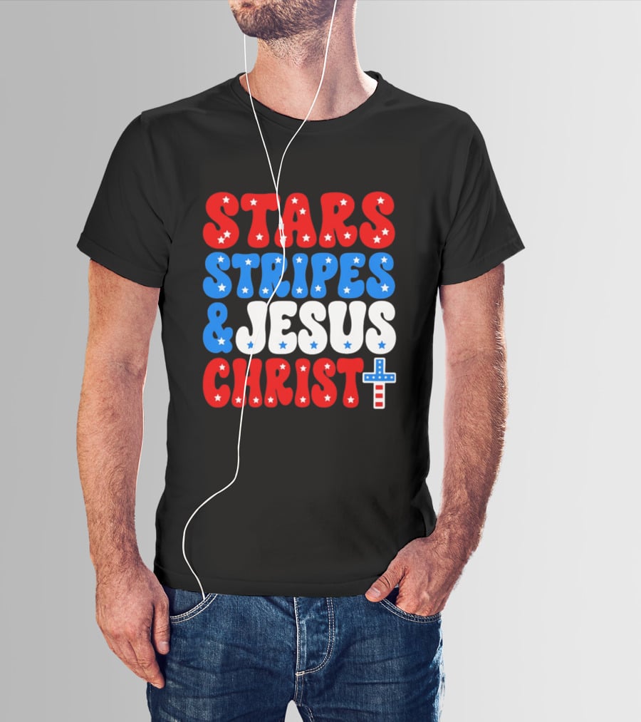 Patriotic Stars Stripes Jesus Christ Christian Faith Cross T-Shirt