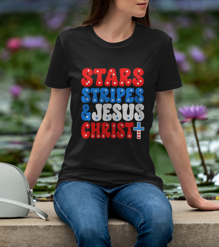 Patriotic Stars Stripes Jesus Christ Christian Faith Cross T-Shirt