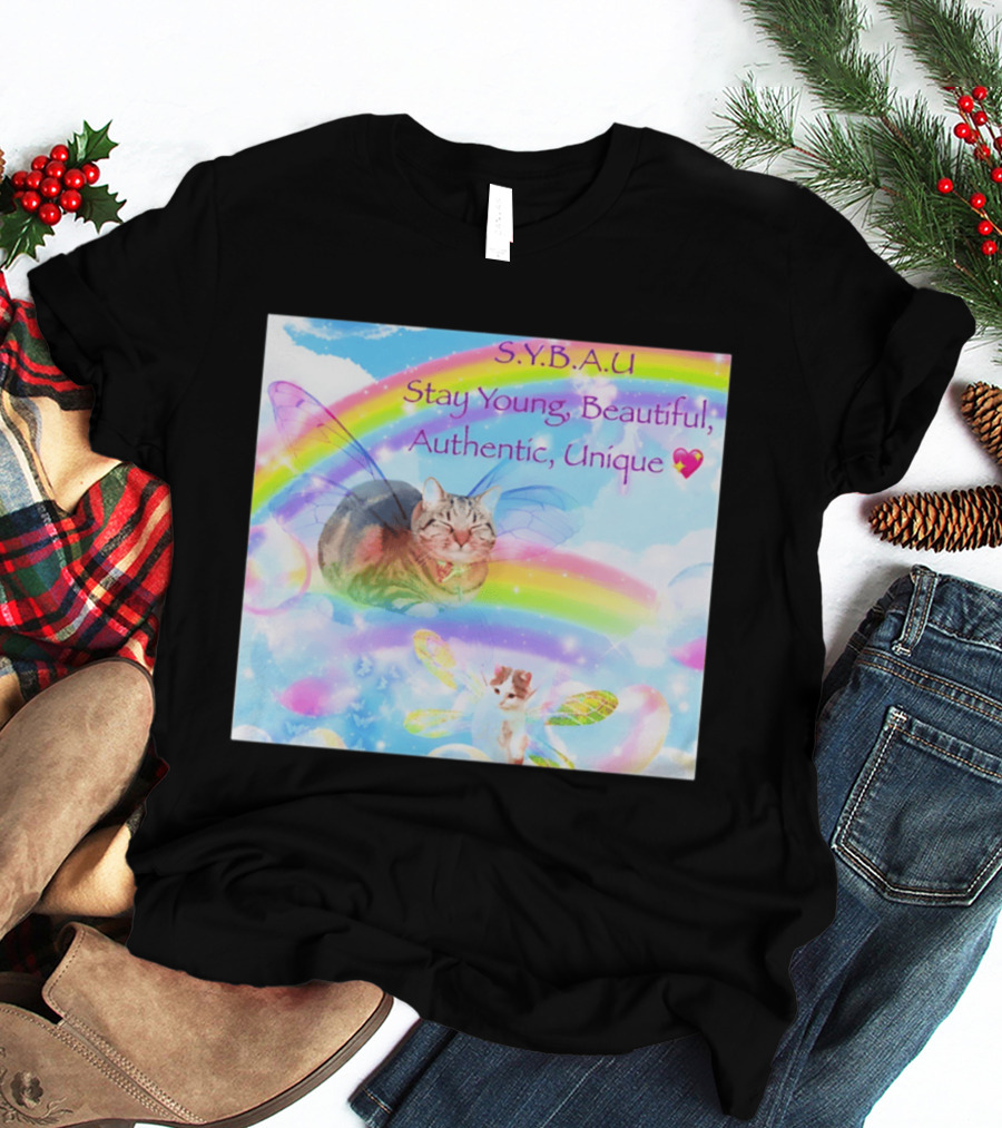 S.Y.B.A.U Stay Young Beautiful Authentic Unique Cat Rainbow Wings T-Shirt