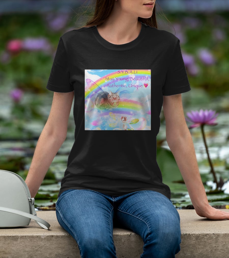 S.Y.B.A.U Stay Young Beautiful Authentic Unique Cat Rainbow Wings T-Shirt