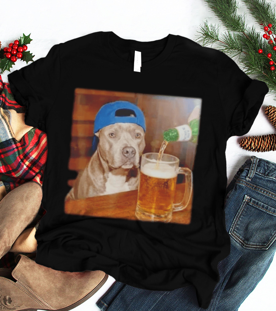Pit Bull Drinking Beer Blue Cap Meme T-Shirt