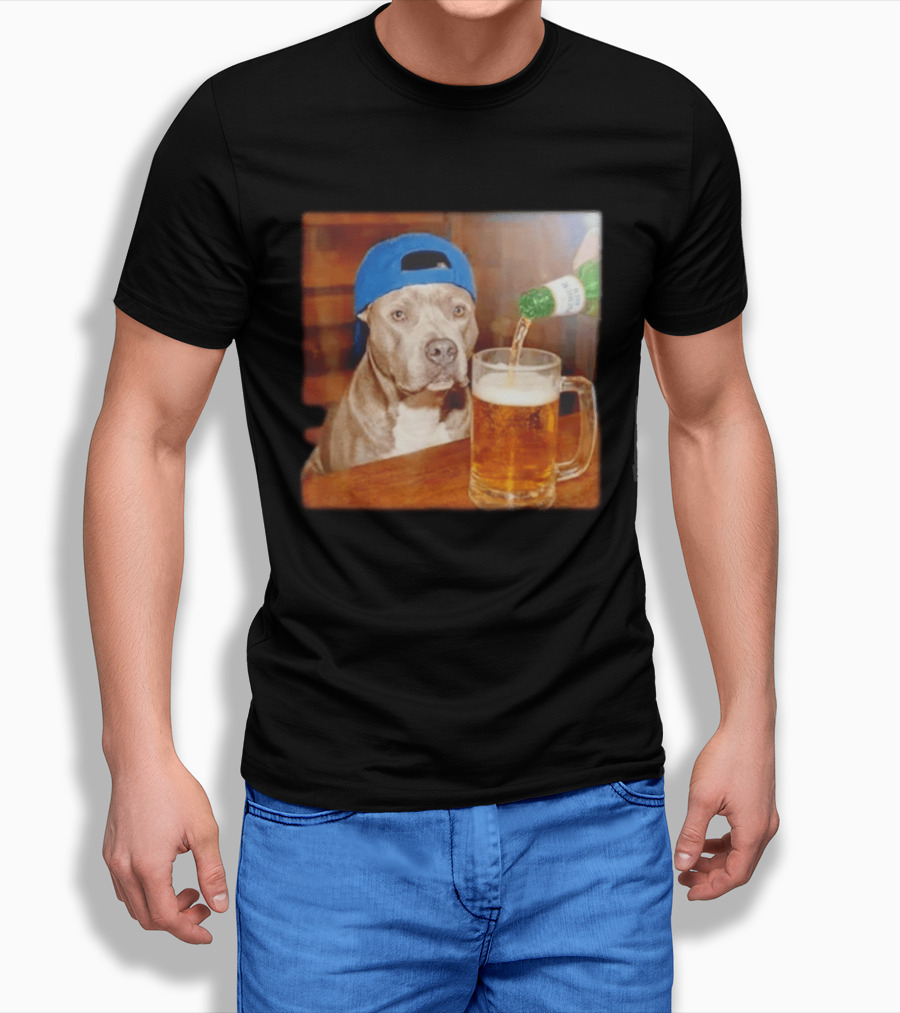 Pit Bull Drinking Beer Blue Cap Meme T-Shirt