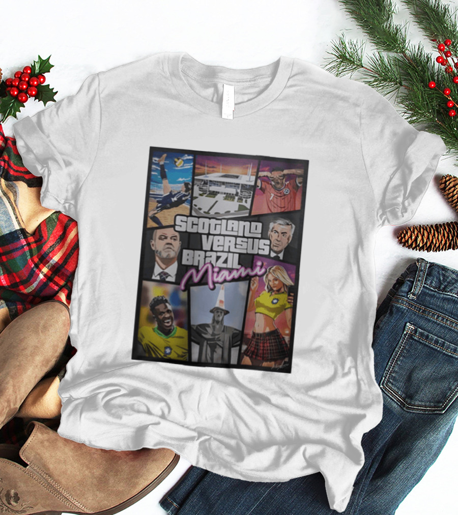 Scotland Versus Brazil Miami Comic Style Soccer Matchup T-Shirt