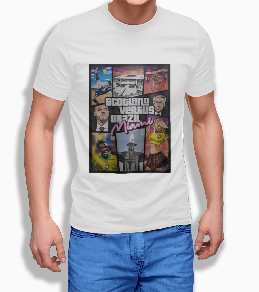 Scotland Versus Brazil Miami Comic Style Soccer Matchup T-Shirt