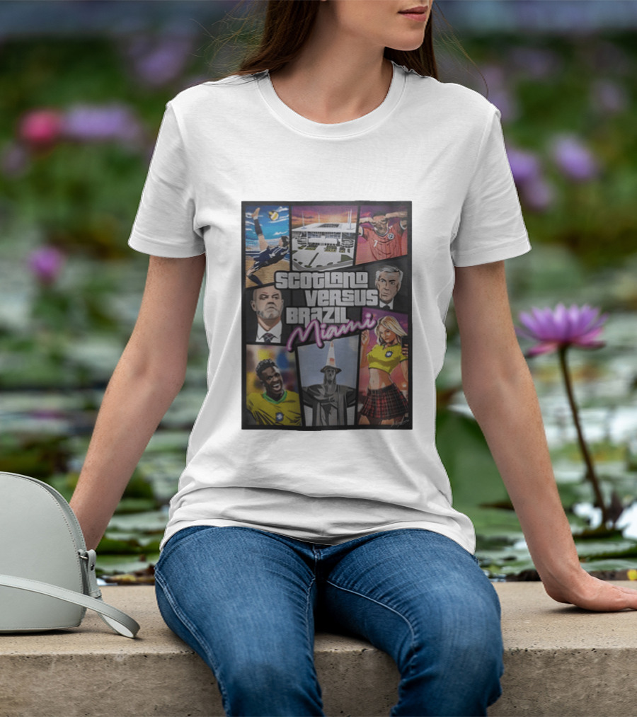 Scotland Versus Brazil Miami Comic Style Soccer Matchup T-Shirt