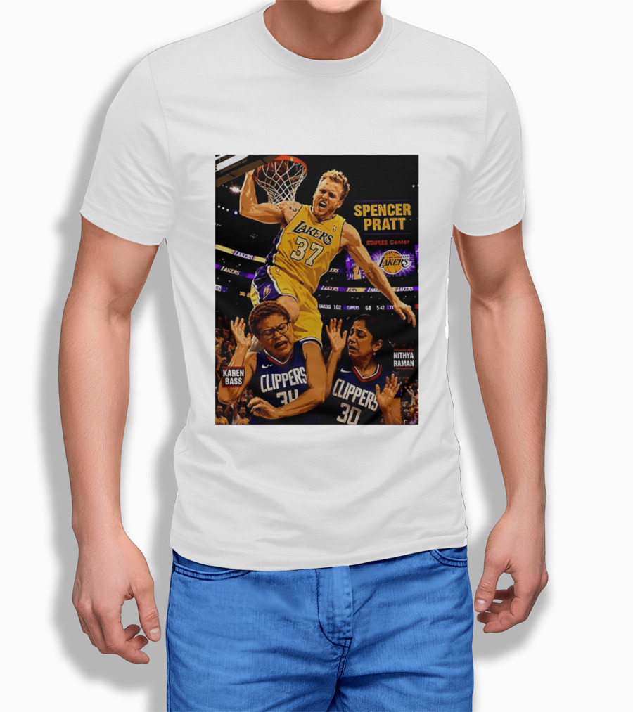 Los Angeles Lakers Spencer Pratt Dunks Staples Center Clippers Karen Bass Nithya Raman T-Shirt