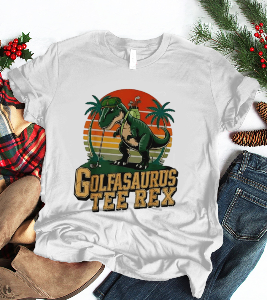 Golfasaurus Rex Rex Dinosaur Playing Golf Sunset Palm Trees T-Shirt