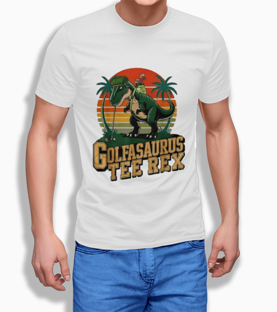 Golfasaurus Rex Rex Dinosaur Playing Golf Sunset Palm Trees T-Shirt