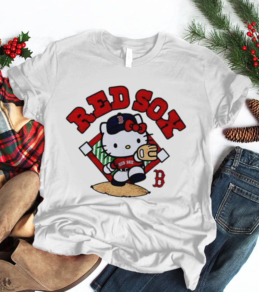 Hello Kitty Boston Red Sox Baseball 2026 MLB Throwback Red Sox And B Cap T-Shirt