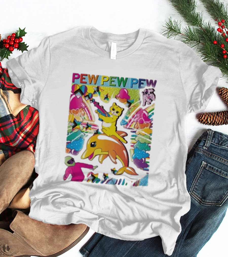 Pew Pew Pew Colorful Cat Dolphin Alien Rainbow T-Shirt
