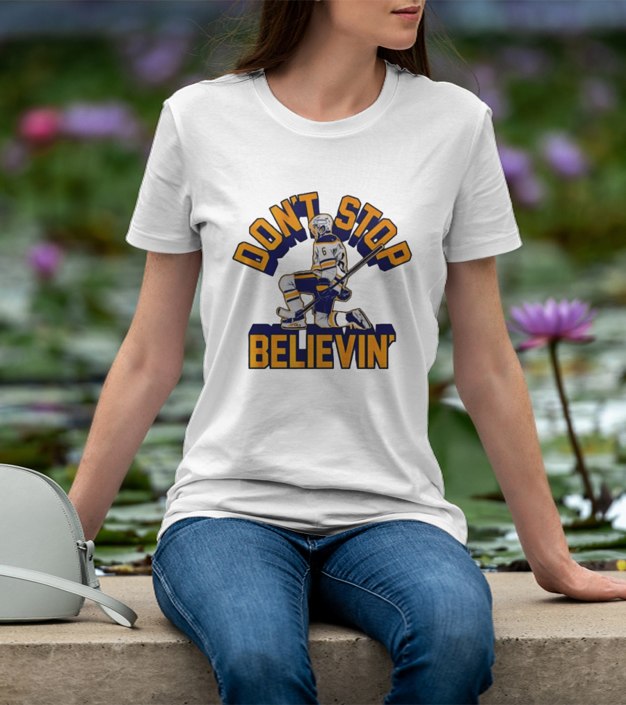Don't Stop Believin' Hockey Player Number 6 Kneeling Pose T-Shirt