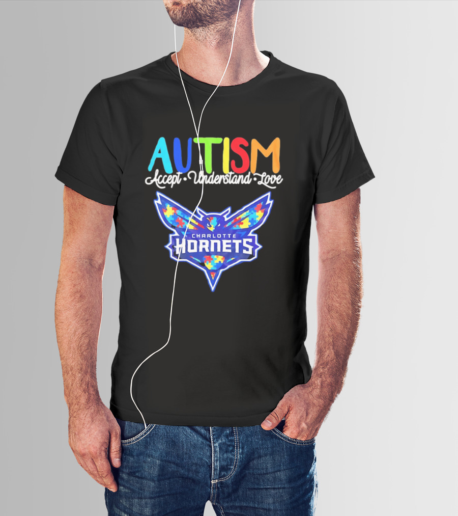 Charlotte Hornets Autism Accept Understand Love Awareness Support Puzzle Wings T-Shirt