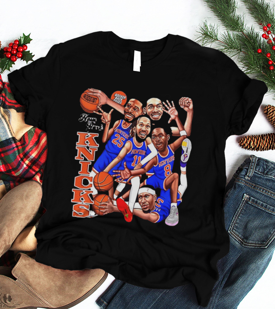 New York Knicks Starting Five 2026 Caricature Dunk Basketball Hoops T-Shirt