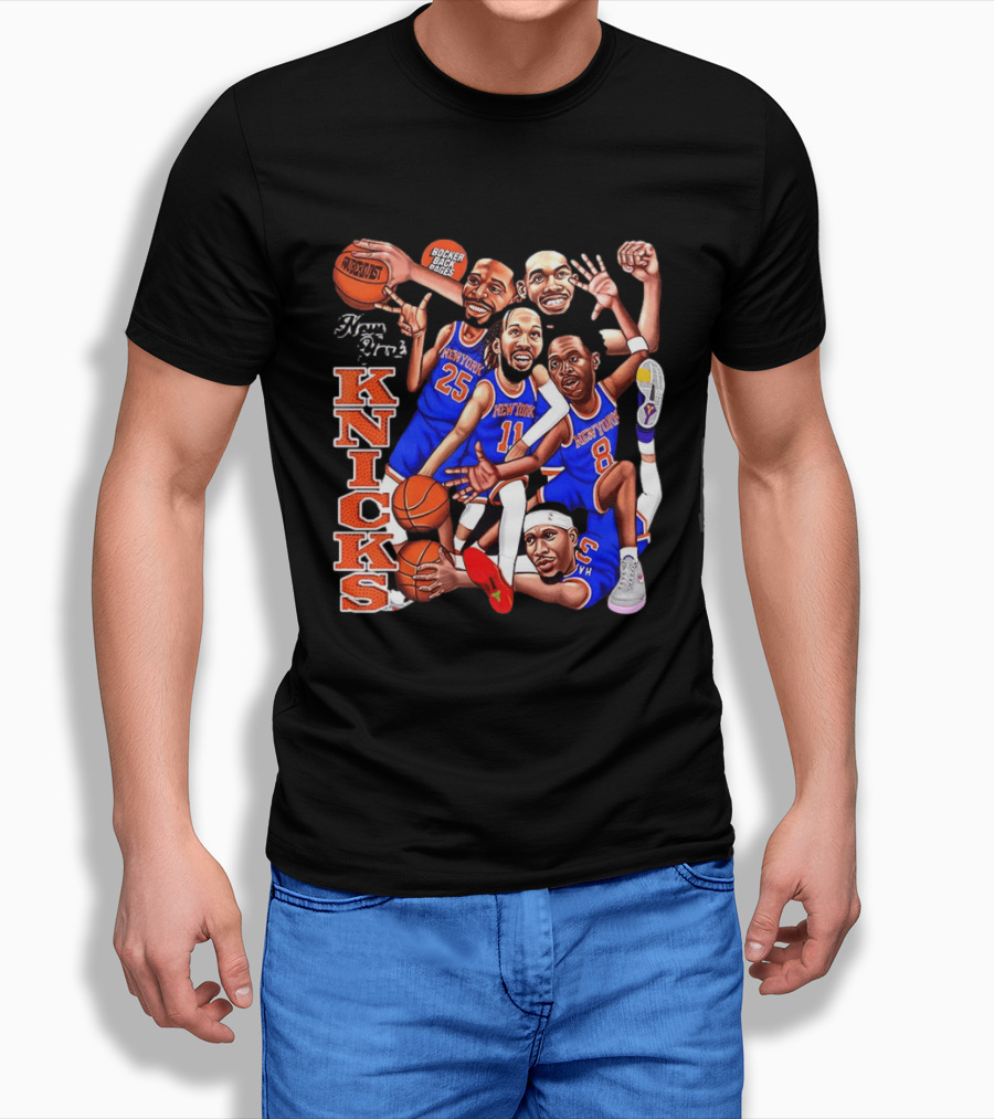New York Knicks Starting Five 2026 Caricature Dunk Basketball Hoops T-Shirt