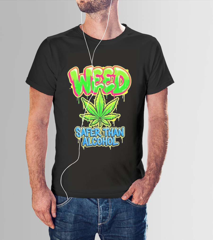 Weed Safer Than Alcohol Leaf Bright Graffiti T-Shirt