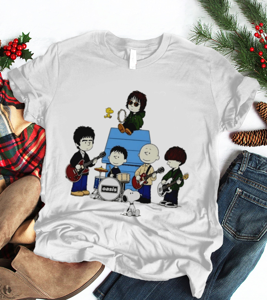 Snoopy Peanuts Oasis Band Cartoon Woodstock Drums Guitars T-Shirt