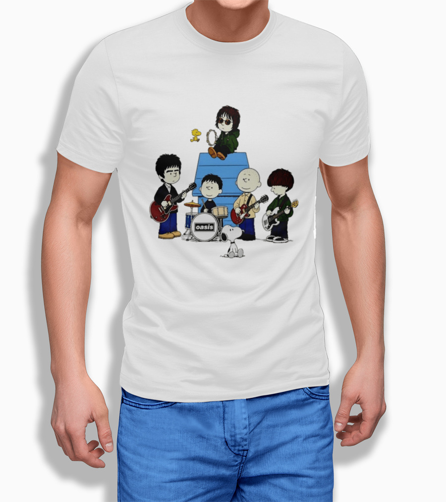 Snoopy Peanuts Oasis Band Cartoon Woodstock Drums Guitars T-Shirt
