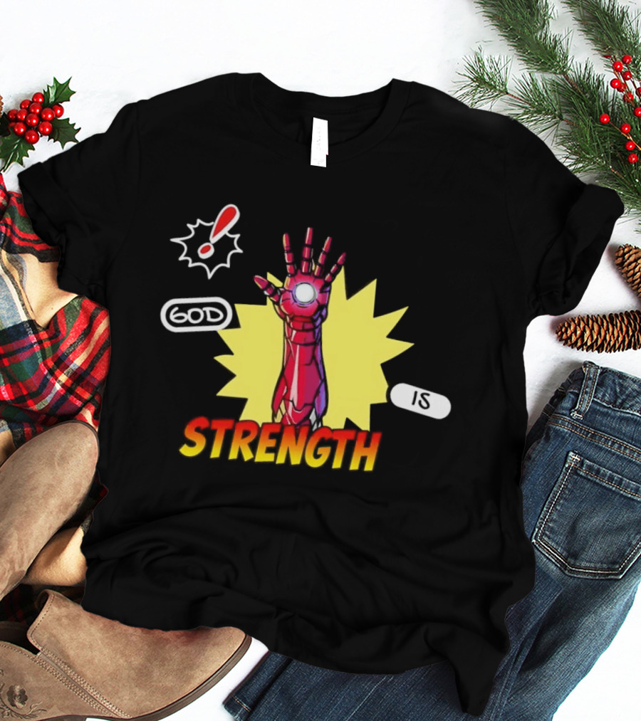 Iron Man God Is Strength Exclamation Comic Style Burst T-Shirt