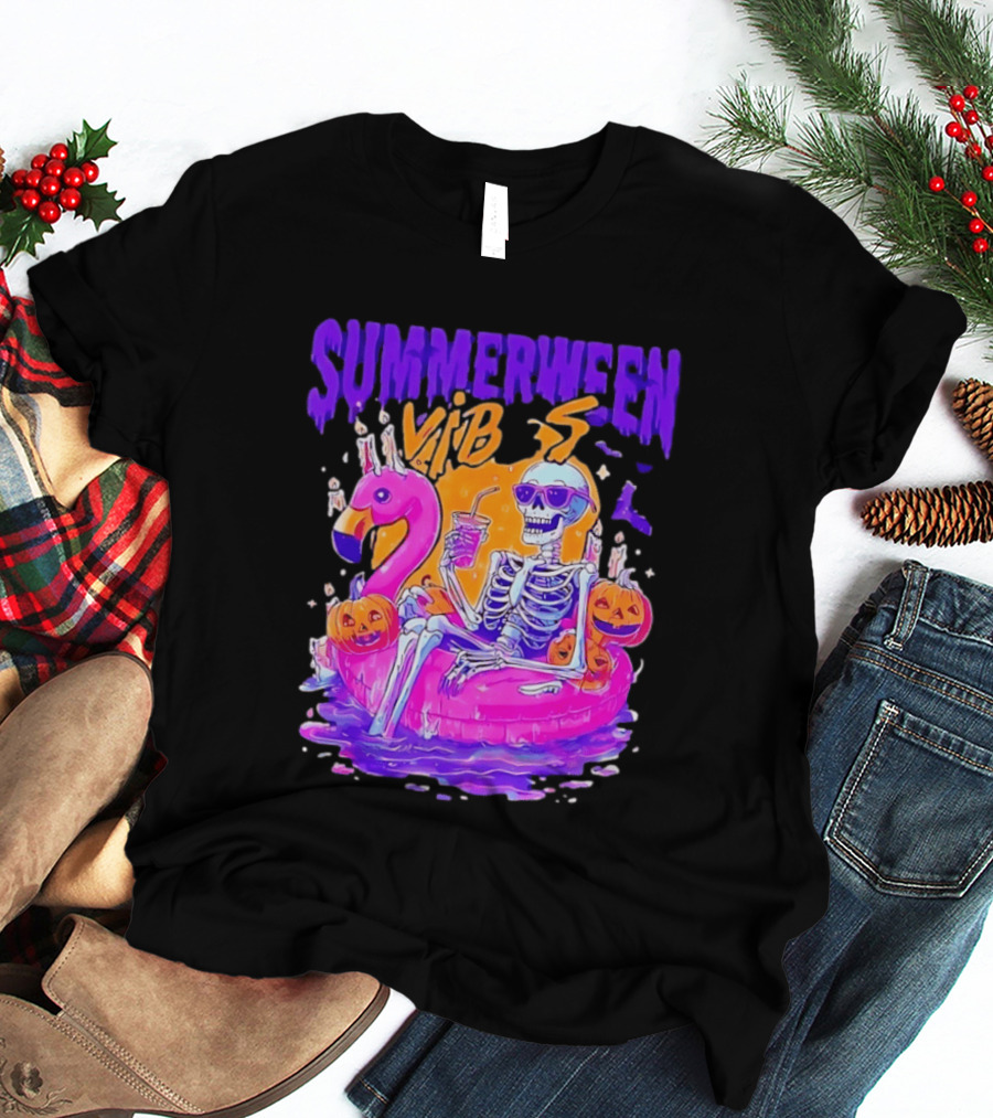 Summerween Vibes Skeleton On Flamingo With Pumpkins T-Shirt