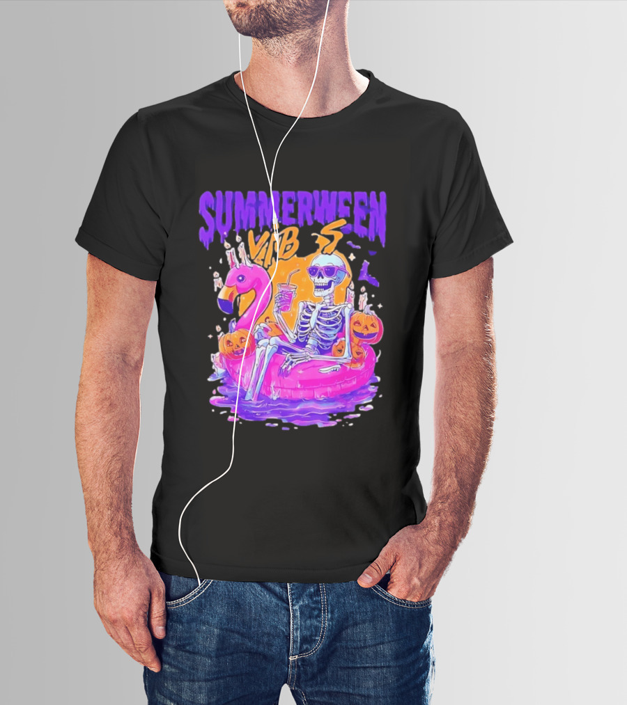 Summerween Vibes Skeleton On Flamingo With Pumpkins T-Shirt