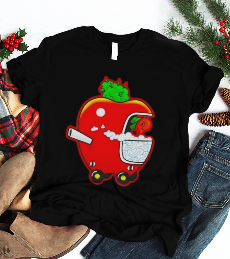 Smokey Worm Apple Cartoon Red Apple With Smoke And Wheels T-Shirt